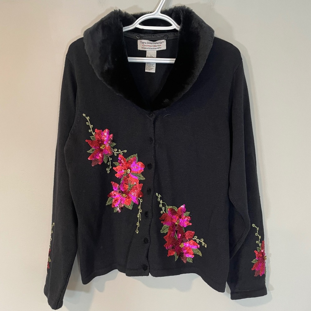 VTG Tiara International Christmas Cardigan Sequin Poinsettia Faux Fur Collar L